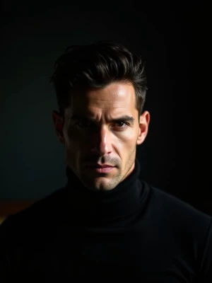 A striking, moody portrait of a man with short, dark hair and an...