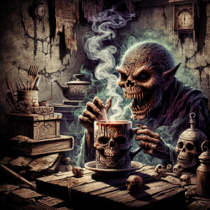A horror-themed digital illustration of a Goblin  drinking coffe...