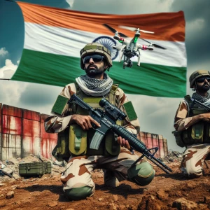 Indian soldiers in military green uniform operate a combat drone...