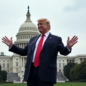 Donald Trump with a grin with arms outstretched from the sides o...