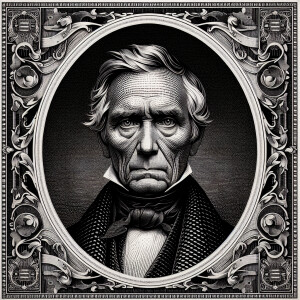 Create picture of the man in engrave style resembling American c...