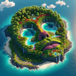 Create a 3D island shaped like Elvis Presley's 
 face, viewed fr...