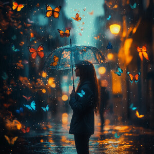 A woman standing in a rain-soaked alley, her umbrella dissolving...