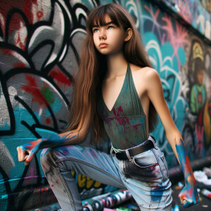 teenage girl, long brown hair and bangs, wearing tight skinny je...