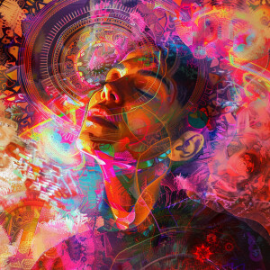 Abstract Expressionist digital art head on  portrait of a woman,...