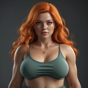 Hot woman with chunky body and cute face, freckles, green eyes,...