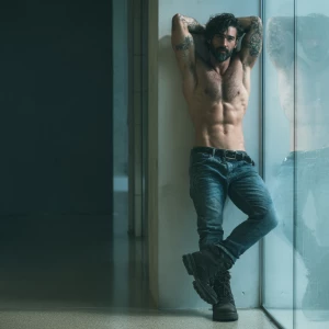 A hairy chest dark hair and beard man with a muscular and hairy...