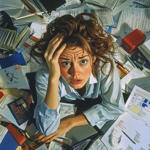 Generate a realistic image of a woman appearing overwhelmed, sea...