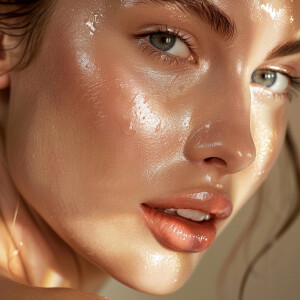 Capture a high-definition, slow-motion close-up of flawless, glo...