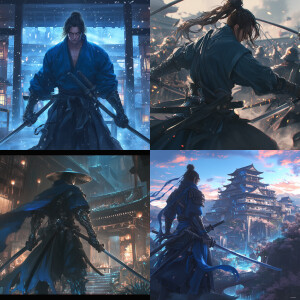 a man in a blue outfit holding two swords, a detailed matte pain...