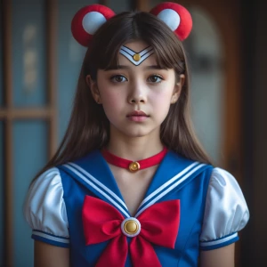 Create an image of a 14-year-old girl dressed in a Sailor Moon-i...