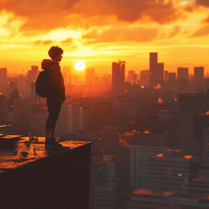 A teenager standing on the edge of a rooftop at sunset, gazing a...