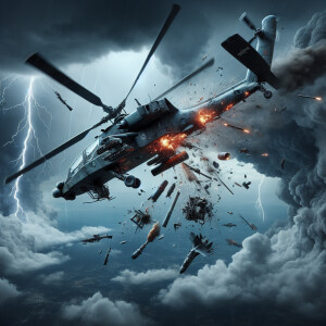 An Army helicopter struck by a missile, the helicopter tail has...