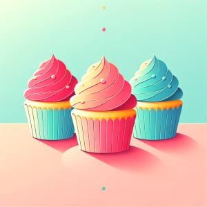 Three colorful cupcakes arranged in a row, with a soft pastel gr...