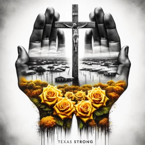Double exposure of Texas. Inside the hands is an image of a floo...