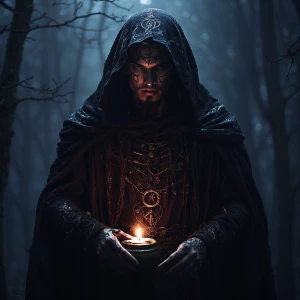 With piercing crimson eyes and tattered robes billowing around h...
