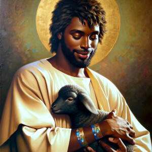 Oil painting of an African-American man resembling Jesus Christ,...