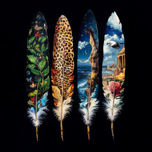 Create a series of four painted feathers, each with a unique des...