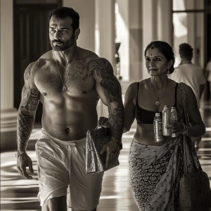 photo,fantasy,A sweaty tattoed muscular man walking with his 50...