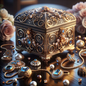 Create an image of an ornate jewelry box richly detailed with golden swirls and floral motifs, with no items on the top. Inside the box lies a collection of exquisite jewelry, each piece featuring vibrant blue gemstones set amongst pearls and golden accents. This treasure is placed on a dark wooden surface, subtly reflecting the luster of the gems. Around the box, there are loose gemstones, a golden flower, and soft pink roses in the blurred background, contributing to the elegant ambiance. The name 'Karen' is elegantly inscribed above the jewelry box, adding a personalized touch to the scene.