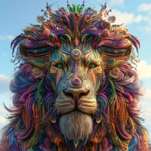 Create a 3D-rendered 8k UHD image of a lion with an extremely detailed, oversized psychedelic mane, incorporating vibrant colors and intricate patterns to emphasize a professional level of detail.