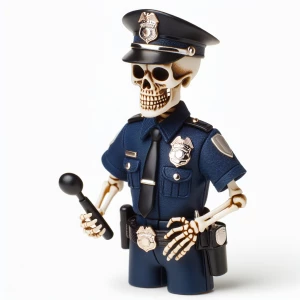A uniformed police officer skeleton maintaining order, complete...