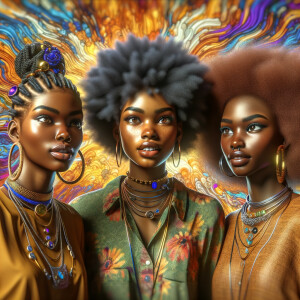 An image of three charming attractive curvy African American brown skin tone women, each one has different hairstyles fashion models together multiple necklaces rings, 4K HDR action painting colorful background