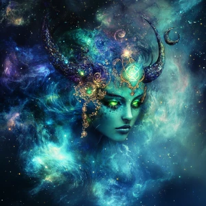 Create an image of a Taurus goddess with green eyes and head jew...