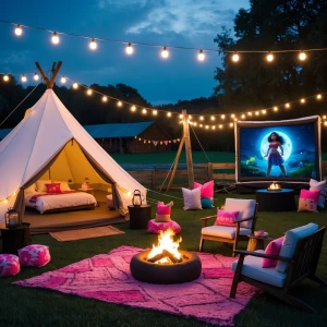 Outdoor girls' glamping birthday sleepover party featuring a  be...