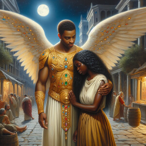 Create an oil painting image featuring a male angel and a grievi...