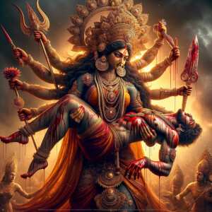 Portrait of angry and gorgeous goddess durga slaying mahishasur by carrying him like a baby and stabbing him with her red long nails.  Goddess Durga should have eight arms. she should wear Gold jewelry all over the body. Mahishasur should have wounds all over his body. mahishasur should be smaller in size compared to Goddess durga. Background is an intense battlefield. reddish hue everywhere and sunset in the background.  Epic scene. 4k, HDR. Photography