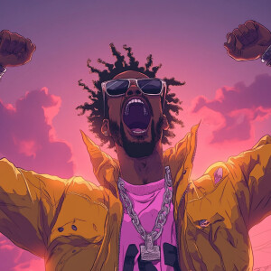 Design an animation depicting the rapper Rod Wave in a whimsical...