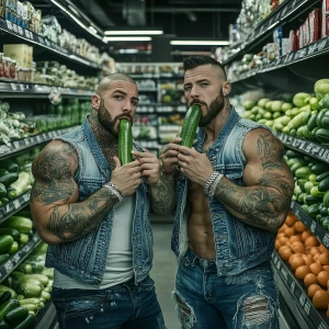 Two muscular men, both with tattoos, are positioned in a grocery...