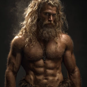 The image shows man with a muscular, hairy physique. hairy blond...