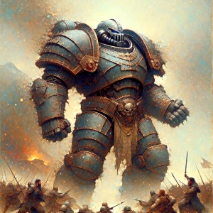 Create an image of a colossal, armored juggernaut character plowing through a battlefield, unfazed by the chaos around him, with visible dents and scratches on his armor, indicating his experience in war.