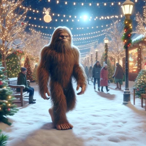 A humanoid Sasquatch with thick hair strolling through a festive...