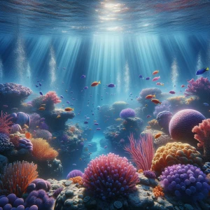 Deep beneath the sapphire surface, a wide-angle shot unveils a v...