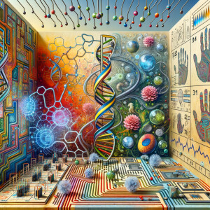 circuitry, diagrams Cellular structures, DNA, circuit boards, colorful wires,  asian and Egyptian  graffiti, lie detector graphs, cardio, printout , branches infinity sign, cave, Art, handprints, distant birds flying, flowering vines, abstract gestural painting, dna