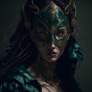 "In the opulent ballroom, a masked beauty captures every gaze, h...