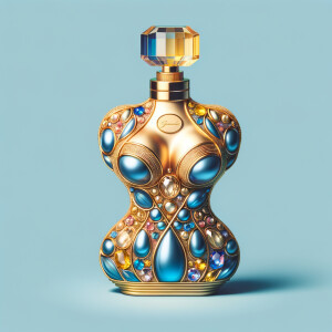 Create a 3-D realistic gold and  blue, colorful jewels perfume bottle
In the shape of a women’s body with the name Karen