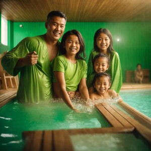 dad, mom, boy, girl are having fun in the sauna. they are smilin...