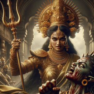 portrait of angry looking, indian goddess lunging at a weak mahishasur with a trident in her hand. She is wearing gold armor, a huge gold crown, gold saree, abundant  gold jewelry, covered in blood. The scene is set in ancient India. The image is 8K resolution, cinematic, photography, ultra detailed face and epic.