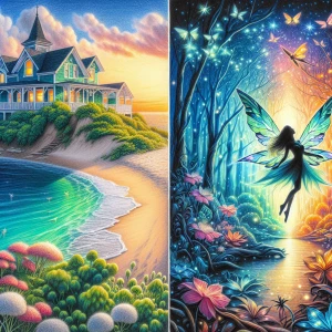 In the enchanted forest, a silhouetted fairy dances in a cross-p...