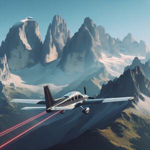 A plane going through the mountains black and grey with a red li...