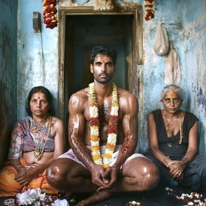 An affluent, muscular Indian man with a sheen of perspiration on...