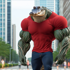 Man- alligator hybrid with extra huge muscles with veins popping...