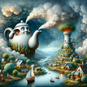 An extraordinary surrealistic illustration featuring a living te...