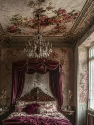photo of a baroque palace bedroom with canopy bed, baroque class...
