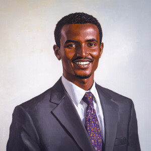 An Ethiopian man, aged 25, with dark skin, a tall and slim build...