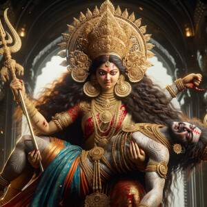 portrait of angry looking goddess durga  carrying a weak mahishasur in her arms and stabbing him with her amazingly designed trident. She is wearing a huge gold crown, red saree, abundant  gold jewelry, covered in blood. The scene is set in ancient India. The image is 8K resolution, cinematic, ultra detailed face and epic.